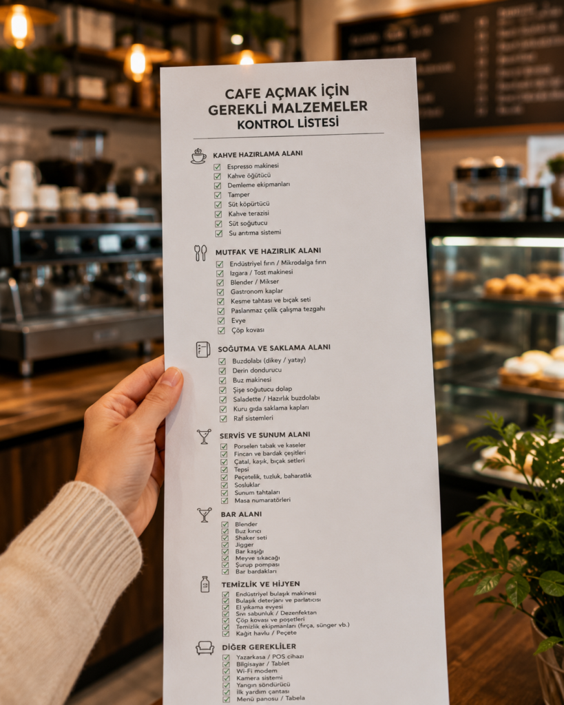 cafe açmak için gerekli malzemeler kontrol listesi