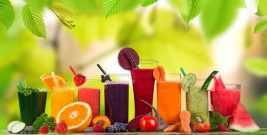 Fresh juice mix fruit, healthy drinks on wooden table.